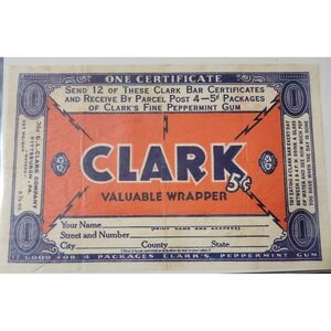 Clark Valuable Wrapper Certificate 5 Cent Gum 12 Good For 4 Packages